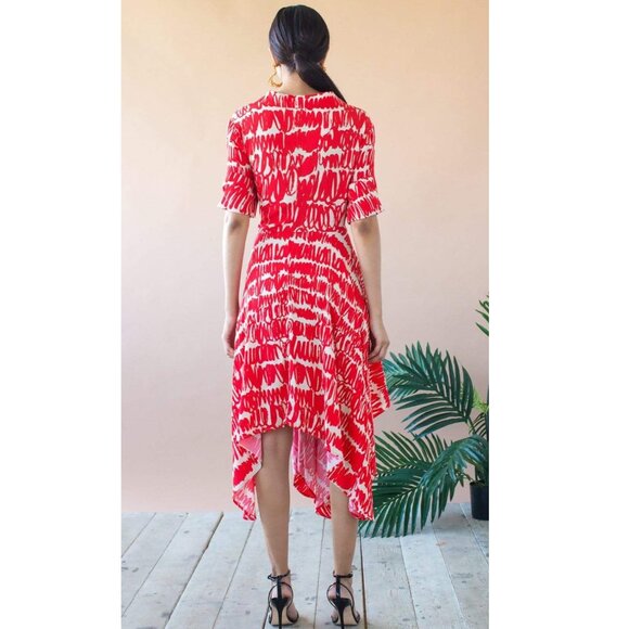 Eva Franco Sophia Asymmetric Hem Midi Faux Wrap Midi Dress in Red Script - Picture 2 of 3